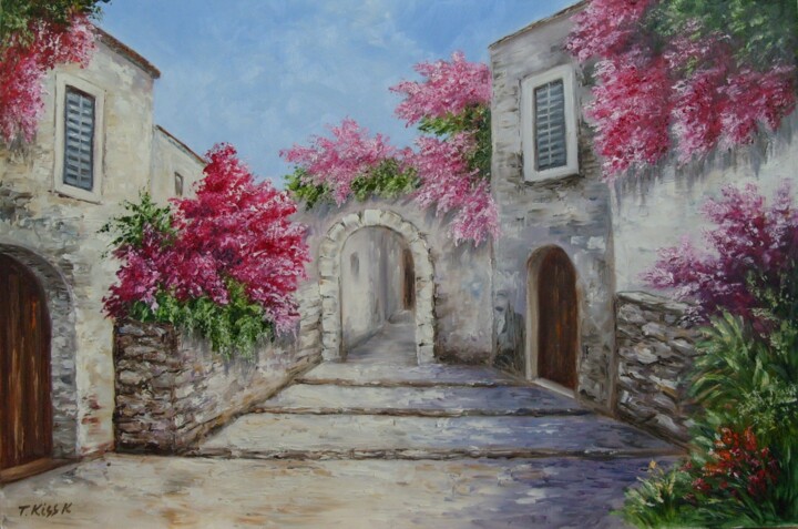 Painting titled "Old Town 2" by Karola Kiss, Original Artwork, Oil Mounted on Wood Panel