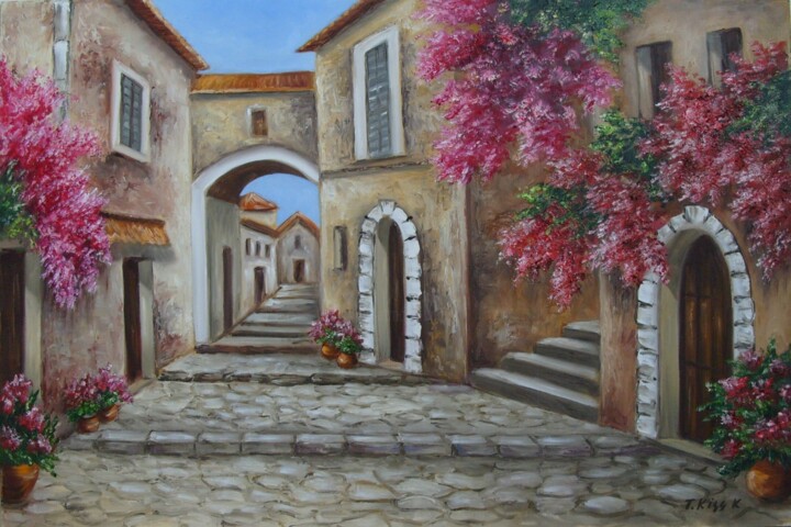Painting titled "Old Town 3" by Karola Kiss, Original Artwork, Oil Mounted on Wood Panel