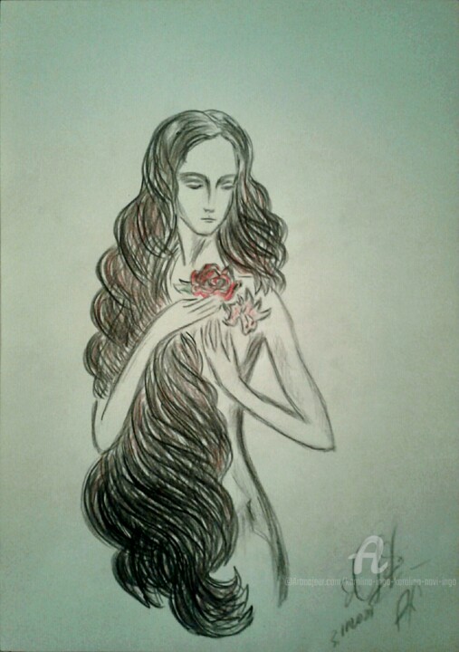 Σχέδιο με τίτλο "The girl with a ros…" από Karolina Ingo (Karolina Navi -Ingo), Αυθεντικά έργα τέχνης, Μολύβι