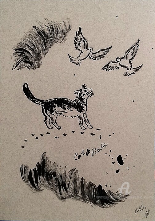 Zeichnungen mit dem Titel "Cat and Birds" von Karolina Ingo (Karolina Navi -Ingo), Original-Kunstwerk, Acryl