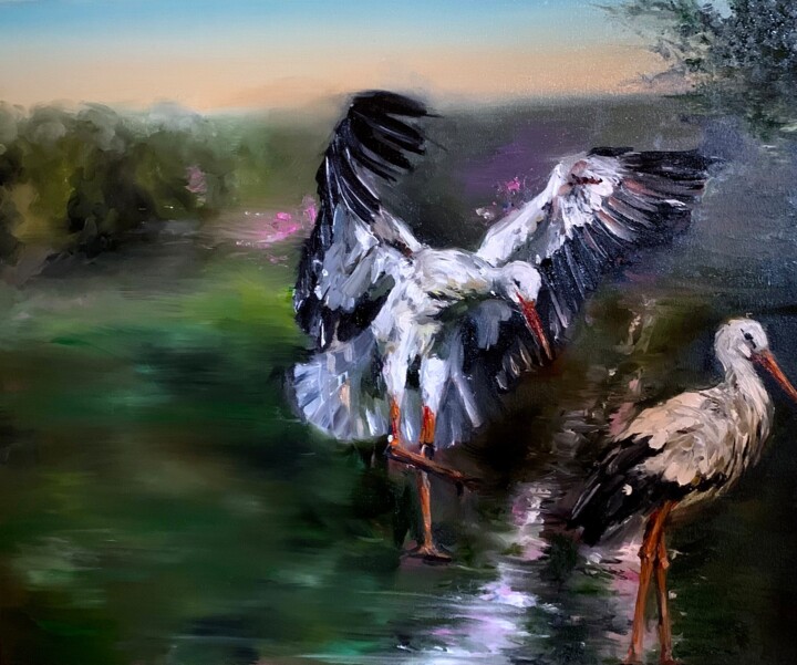 Painting titled "The first storks" by Karolina Naichuk, Original Artwork, Oil Mounted on Wood Stretcher frame