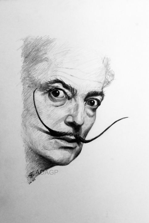 Drawing titled "Portrait de Dali" by Karolus, Original Artwork, Pencil