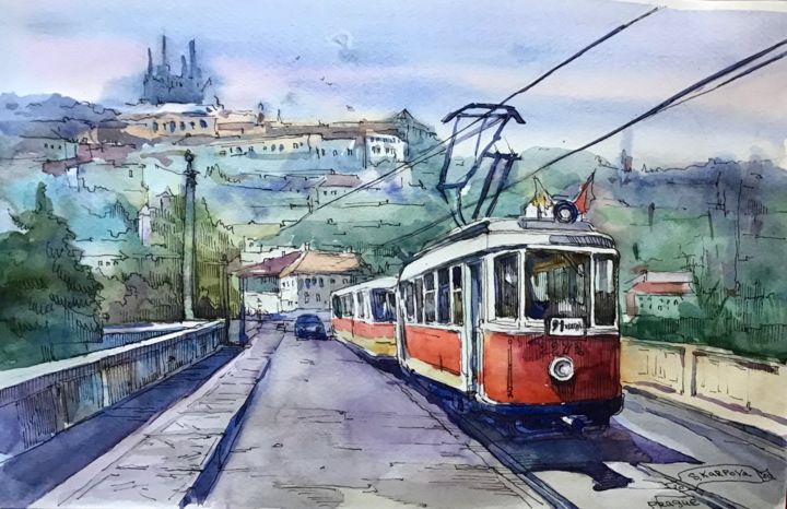 Drawing titled "Пражский трамвайчик" by Svitlana Karpova, Original Artwork, Watercolor