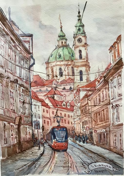 Drawing titled "Прага. Трамвай" by Svitlana Karpova, Original Artwork, Watercolor