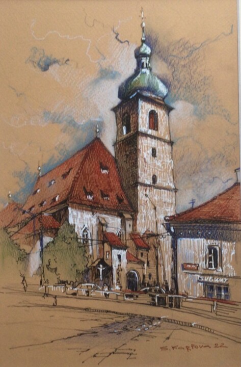 Drawing titled "Kostel sv. Jindřich…" by Svitlana Karpova, Original Artwork, Conté