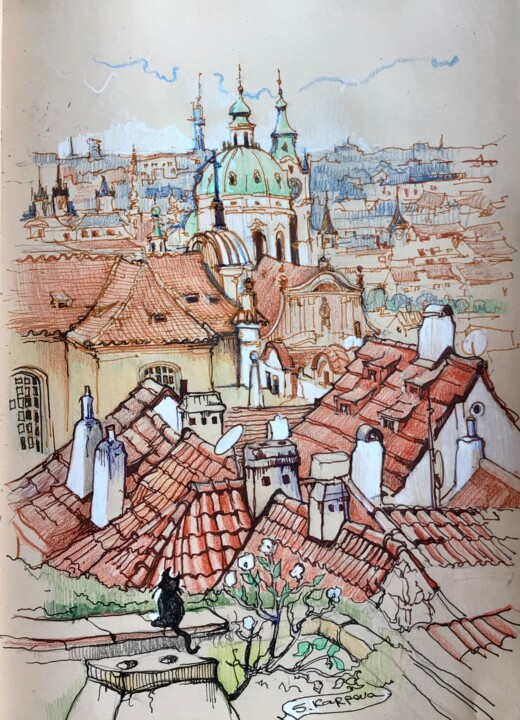 Painting titled "Prague rooftops and…" by Svitlana Karpova, Original Artwork, Conté