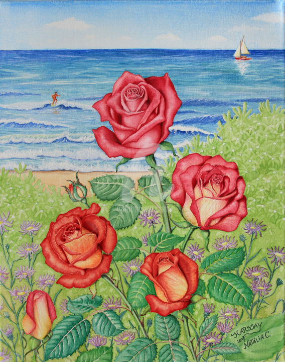 Painting titled "Roses au bord de la…" by Karssay Natália Constancia, Original Artwork, Watercolor