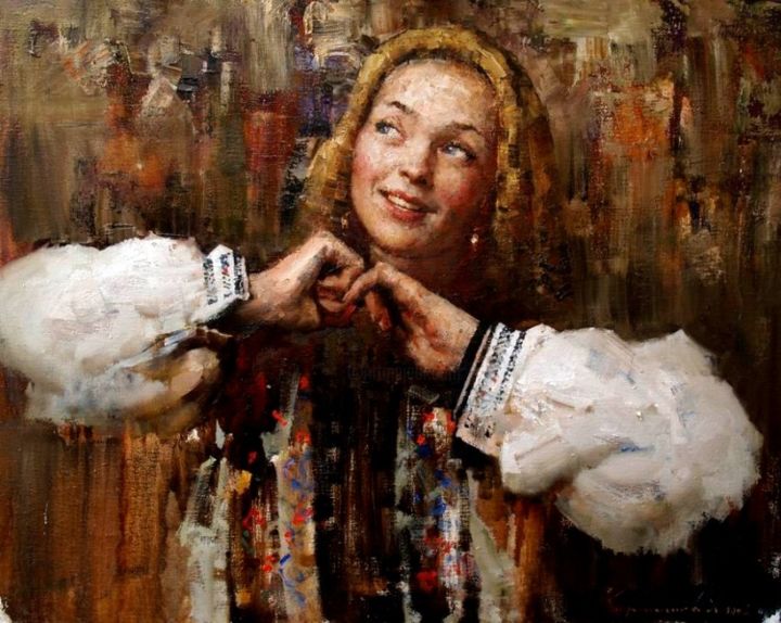 Malerei mit dem Titel "Smiling girl" von Andrei Kartashov, Original-Kunstwerk, Öl