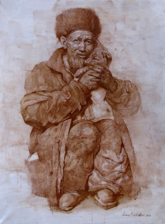Pittura intitolato "Old man with a dog" da Andrei Kartashov, Opera d'arte originale, Olio