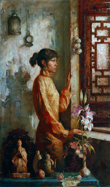 Painting titled "Near the window" by Andrei Kartashov, Original Artwork, Oil