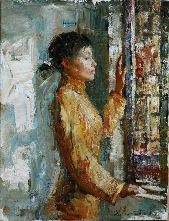 Painting titled "Near the window (sk…" by Andrei Kartashov, Original Artwork, Oil