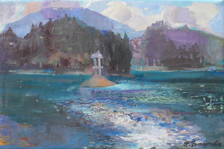 Pittura intitolato "Relax on the lake S…" da Anastasiia Grygorieva, Opera d'arte originale, Olio Montato su Telaio per barel…