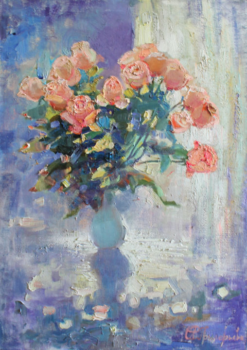 Painting titled "Roses in April" by Anastasiia Grygorieva, Original Artwork, Oil