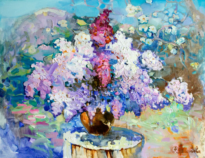 Painting titled "Lilacs in the Carpa…" by Anastasiia Grygorieva, Original Artwork, Oil