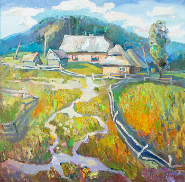 Painting titled "Carpathian ranch" by Anastasiia Grygorieva, Original Artwork, Oil Mounted on Wood Stretcher frame