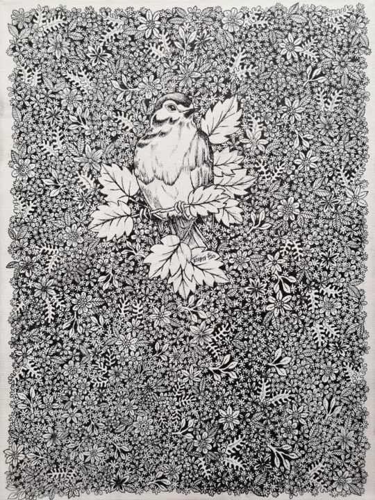 Zeichnungen mit dem Titel "Bird and flower gar…" von Kartini Pelg, Original-Kunstwerk, Tinte
