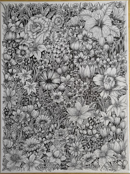 Zeichnungen mit dem Titel "Flowers in the gard…" von Kartini Pelg, Original-Kunstwerk, Tinte