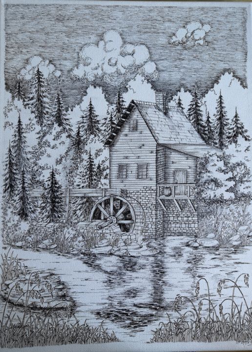 「Riverside」というタイトルの描画 Kartini Pelgによって, オリジナルのアートワーク, インク