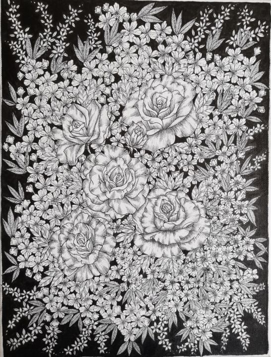 Zeichnungen mit dem Titel "Roses Garden" von Kartini Pelg, Original-Kunstwerk, Tinte