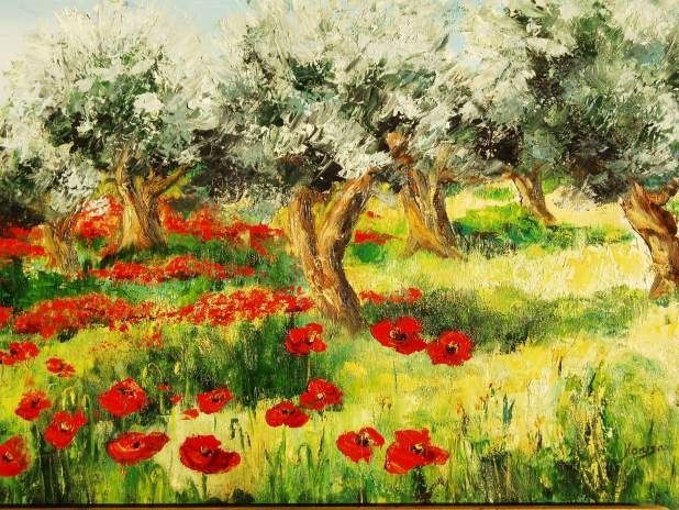 Peinture intitulée "champ d'oliviers au…" par Karysa, Œuvre d'art originale