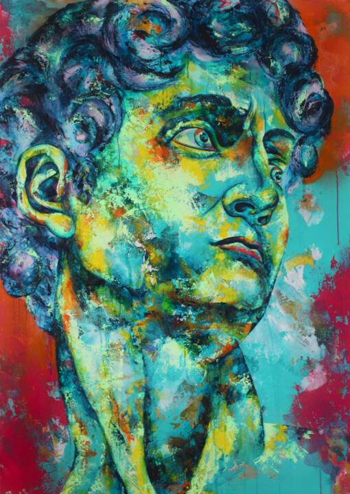 Painting titled "David Statue" by Kascho, Original Artwork, Acrylic Mounted on Wood Stretcher frame