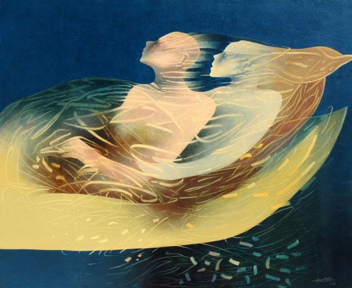 Картина под названием "Boat of Life" - Kashmiri Khosa, Подлинное произведение искусства, Масло