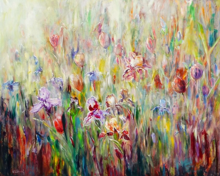 Painting titled "Darling Buds of May" by Kasia Kaldowski, Original Artwork, Acrylic Mounted on Wood Stretcher frame