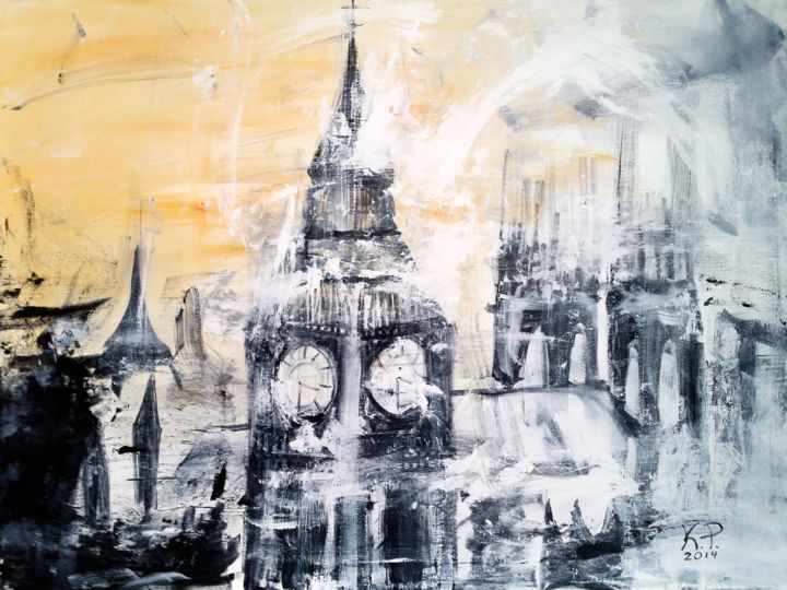 Painting titled "City of Westminster" by Kasia Pawlak, Original Artwork, Acrylic Mounted on Wood Stretcher frame