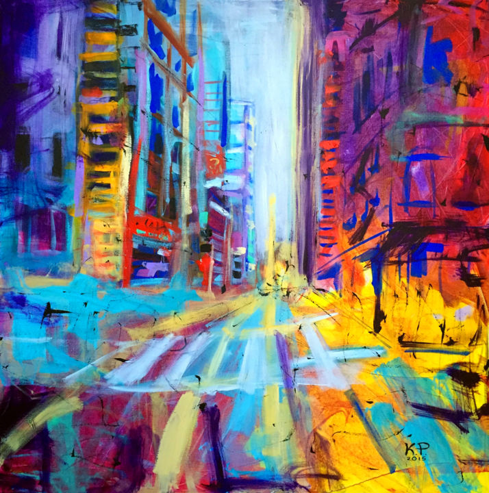 Painting titled "East Broadway" by Kasia Pawlak, Original Artwork, Acrylic Mounted on Wood Stretcher frame