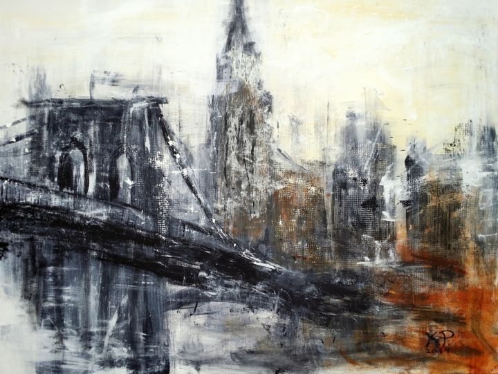 제목이 "Brooklyn Bridge"인 미술작품 Kasia Pawlak로, 원작, 아크릴 나무 들것 프레임에 장착됨
