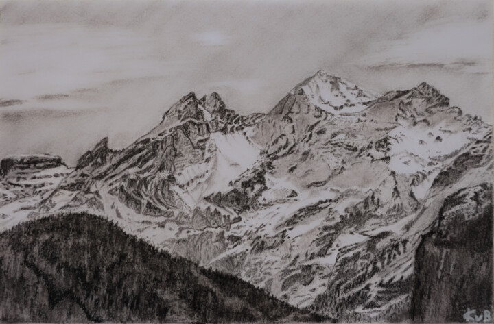 Zeichnungen mit dem Titel "Blüemlisalphorn 1" von Kaspar Von Bergen- Mountainart, Original-Kunstwerk, Graphit