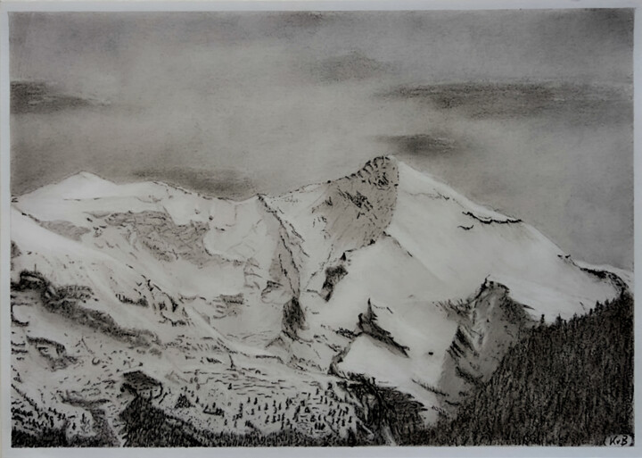 Drawing titled "Blalmhorn und Altels" by Kaspar Von Bergen- Mountainart, Original Artwork, Graphite