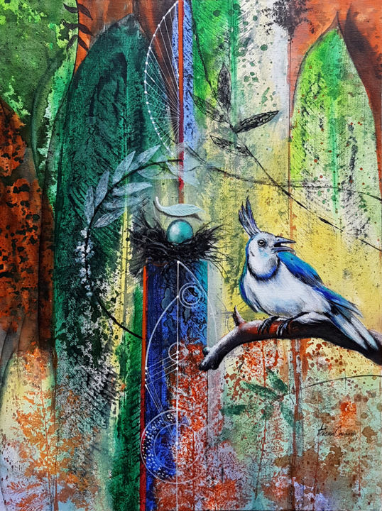 「Feathered Guardian」というタイトルの絵画 Kasun Wickramasingheによって, オリジナルのアートワーク, アクリル ウッドストレッチャーフレームにマウント