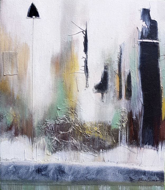 Painting titled "Lost in the City" by Kasun Wickramasinghe, Original Artwork, Acrylic Mounted on Wood Stretcher frame