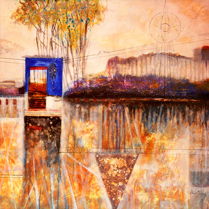 Painting titled "House by the River" by Kasun Wickramasinghe, Original Art, Acrylic Mounted on Stretcher frame