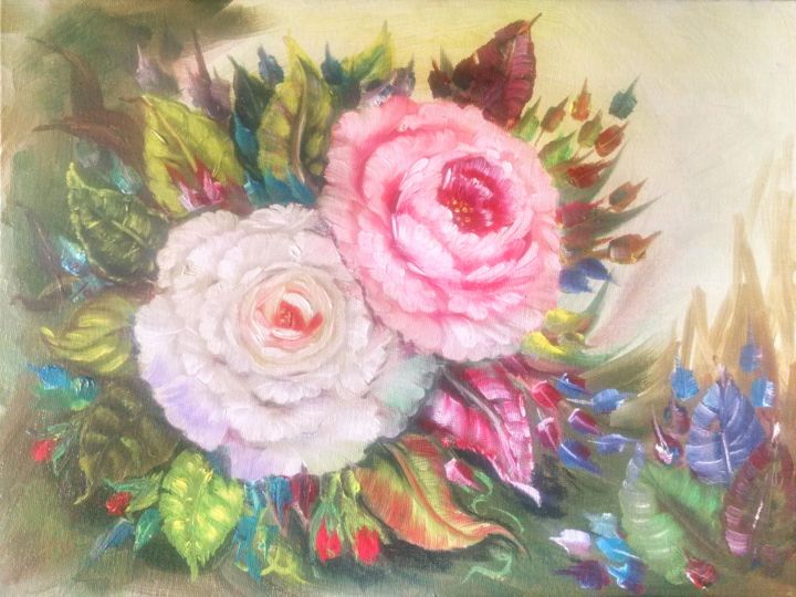 Картина под названием "two-roses.jpg" - Marina Bichinsky, Подлинное произведение искусства, Масло