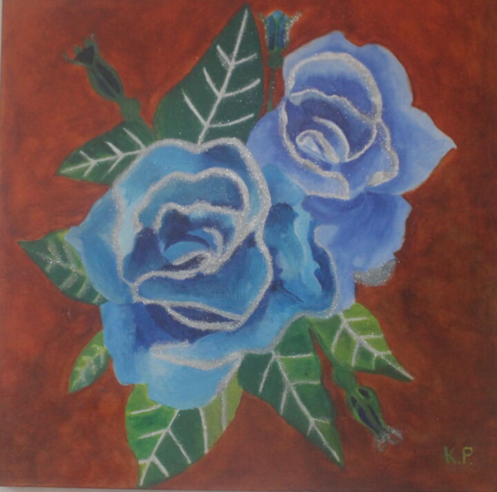 Peinture intitulée "Ma rose bleue paill…" par Kat Prieur, Œuvre d'art originale, Acrylique