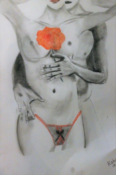 Рисунок под названием "La rose" - Kat Prieur, Подлинное произведение искусства, Графит