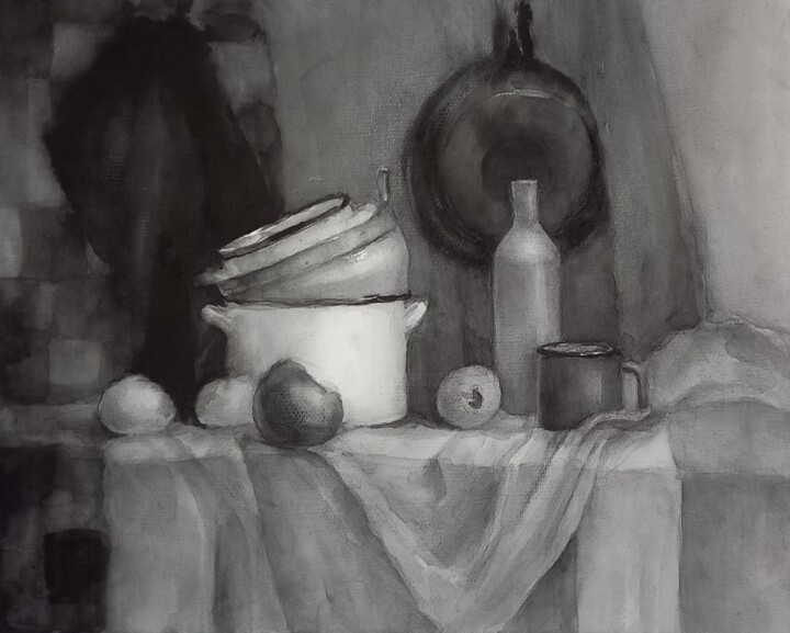 Картина под названием "Натюрморт чб" - Катя Михайлова, Подлинное произведение искусства, Акварель