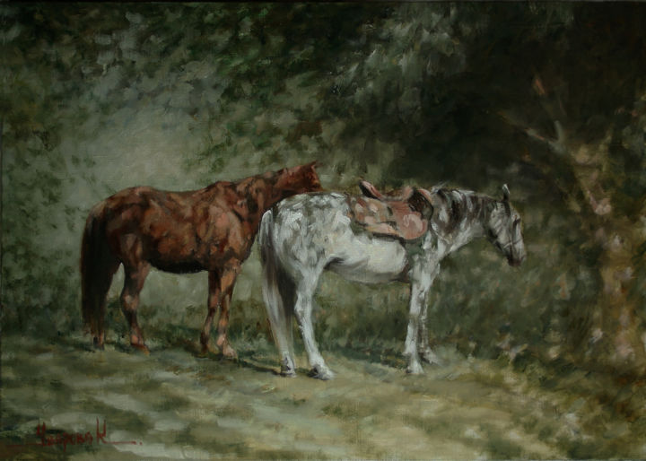 Pintura intitulada "Deux chevaux. huile…" por Katerina Uvarova, Obras de arte originais, Óleo
