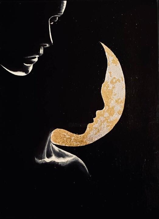 Painting titled "Moon" by Katalina Tattoo, Original Artwork, Oil Mounted on Wood Stretcher frame
