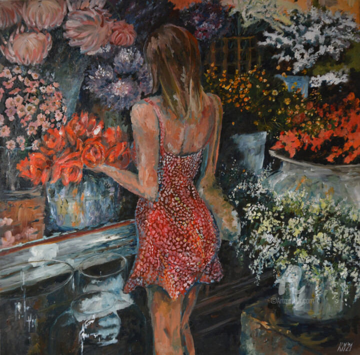 Schilderij getiteld "In the Florist" door Katarzyna Machejek, Origineel Kunstwerk, Olie Gemonteerd op Andere stijve panelen