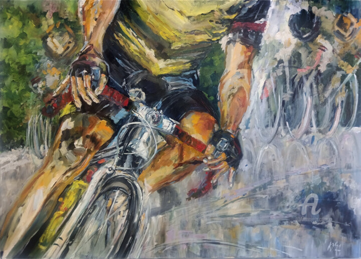 Painting titled "Cyclist" by Katarzyna Machejek, Original Artwork, Oil Mounted on Other rigid panel