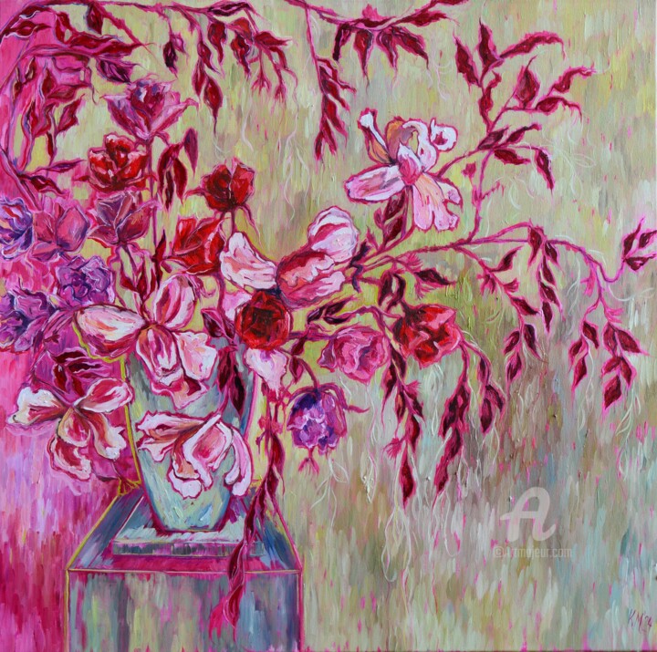 Malarstwo zatytułowany „Magnolias” autorstwa Katarzyna Machejek, Oryginalna praca, Olej Zamontowany na Drewniana rama noszy