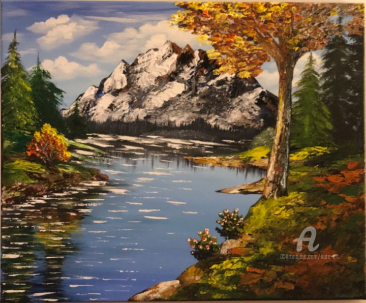 Peinture intitulée "Autumn lake landsca…" par Kate_art, Œuvre d'art originale, Acrylique
