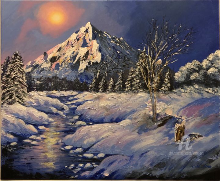 Peinture intitulée "A snowy ewening" par Kate_art, Œuvre d'art originale, Acrylique