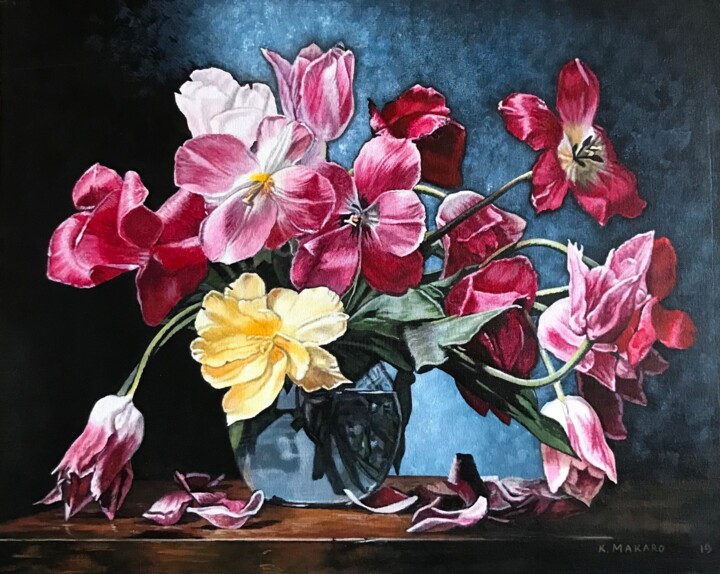 Картина под названием "Tulipani notturno" - Kate Makaro, Подлинное произведение искусства, Акрил Установлен на картон