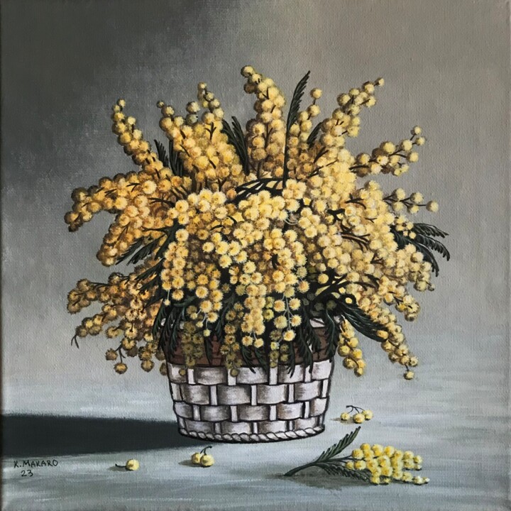 Painting titled "Cestino di Mimosa" by Kate Makaro, Original Artwork, Acrylic Mounted on Wood Stretcher frame