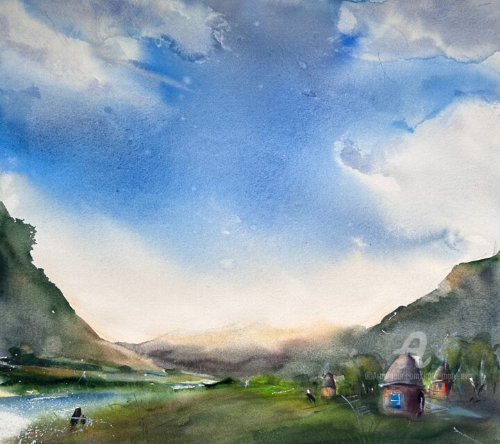 Painting titled "LIFE IN THE MOUNTAI…" by Kate Matveeva, Original Artwork, Watercolor