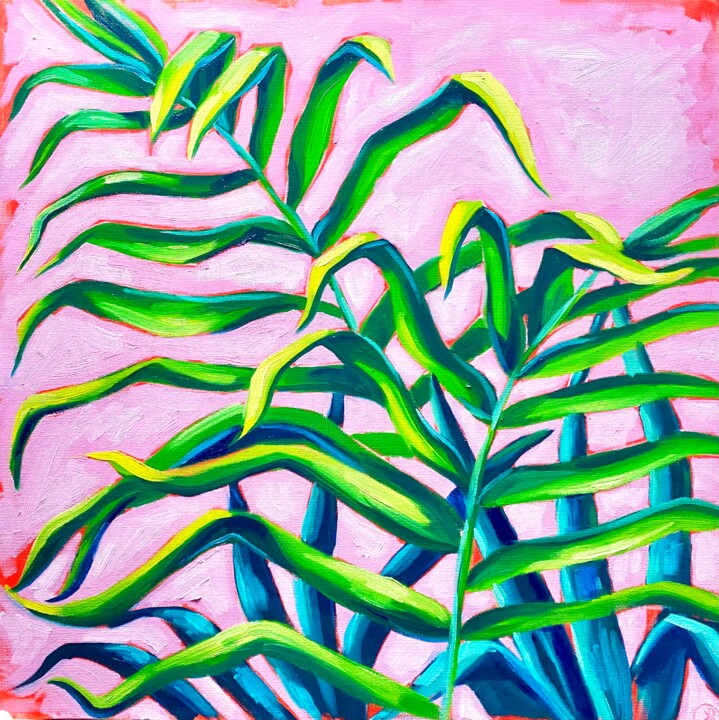 Painting titled "Palms" by Kate Revill, Original Artwork, Oil Mounted on Other rigid panel